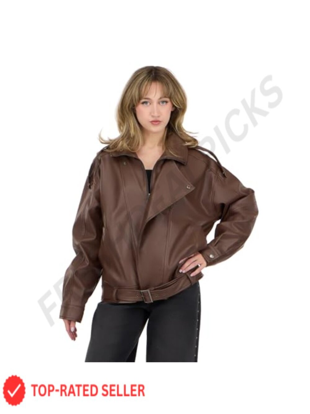 Oversized PU Faux Leather Jacket with Belted Waist Faux Leather